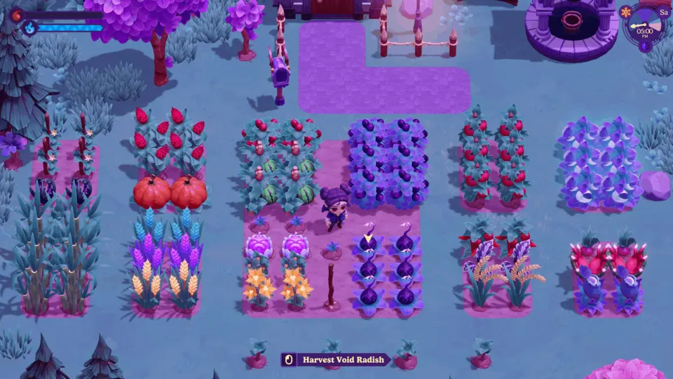 A farm growing unusual crops at night in Moonlight Peaks